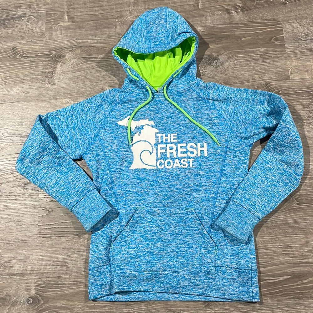 LivnFresh The Fresh Coast Michigan Hooded Sweatshirt Sz Medium Blue & Lime